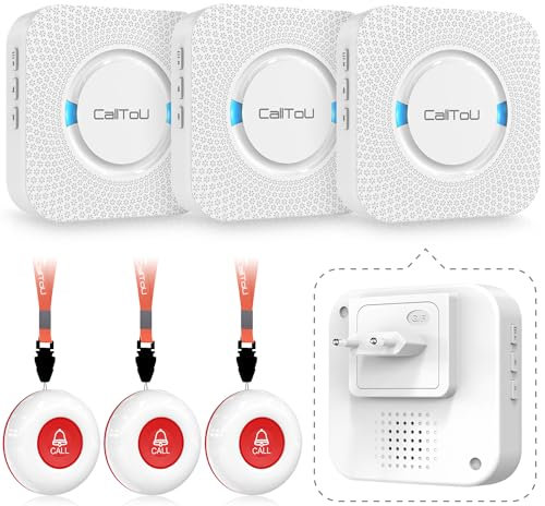 CallToU Pulsante di chiamata di emergenza Pulsante di chiamata wireless di allarme per infermieri Oltre 500 piedi per casa/anziani/pazienti/disabili (3 trasmettitori 3 ricevitori)
