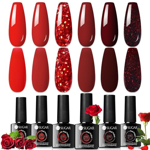 UR SUGAR Rot Gellack Set 6 Stück 7ml U V LED Nagellack für Heim Salon | Hohe Pigmentierung, Glänzend, Einfache Farbauswahl, Geschenkbox