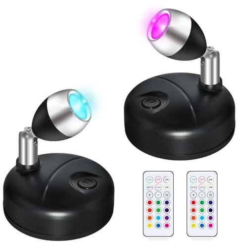 2 Pack Wireless LED Spotlights With Remote Control, Color Changing RGB Battery Spot Lights Indoor, Mini Picture Light Dimmer Timer Wall Light for Cabinet Art Display Statue Plants Painting, Black