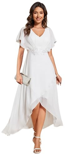 Ever-Pretty Robe pour Mariage Invité Longue Femme Asymétrique Col V Plissé Manches Volantées Mousseline Robe de Soirée Chic Blanc 36