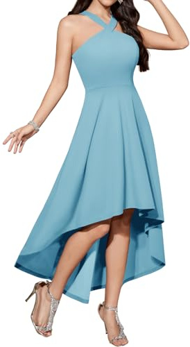 DRESSTELLS Wedding Guest Dresses for Women Spring 2026, Plus Size Cocktail Dress for Birde Halter Neck High Low Dress Light Blue XL