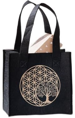 MF Filz Geschenktasche mit goldenem Lebensbaum-Motiv, 15 x 20 x 20 cm, belastbar bis 6 kg, Schwarz
