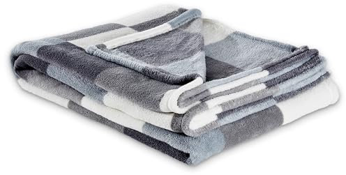 Como Kuscheldecke Grau-Weiß im Karo-Look Moderne Sofadecke, fein gestrickte Wohndecke, 100% Polyester, 240 GSM, gesäumte Einfassung 150 x 200 cm