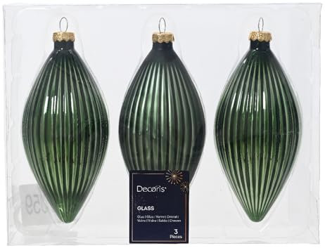Decoris Christbaumkugeln 3er Set Oliven-Zapfen Piniengrün aus echten Glas - Glanz und Matt, dia6cm H.13cm - 3 STK. a 13,0 cm