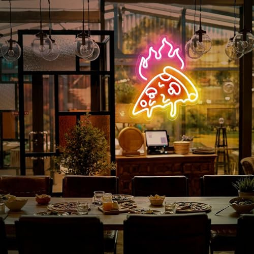 Varm pizza neonskylt, flamma pizza shop-skylt, pizza shop fönster öppen skylt, individuell öppen affärsskylt, restaurang öppen LED-ljus, pizza väggskylt