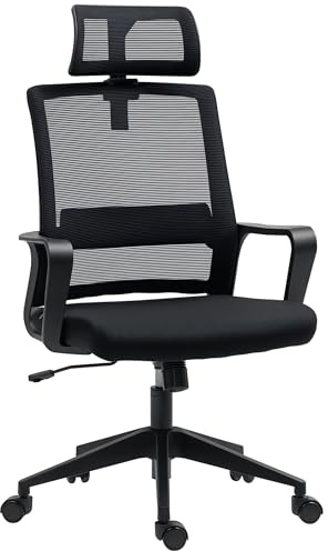 HOMCOM Bürostuhl Ergonomischer Schreibtischstuhl mit Armlehne Schwarz | Verstellbar Kopfstütze, Höhenverstellbarer Mesh Drehstuhl, Wippfunktion