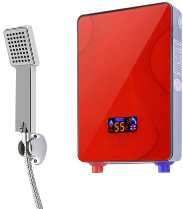 6500W Mini Elektrische Durchlauferhitzer, Elektrische Warmwasserbereiter mit Handbrause & LED-Digital-Temperaturanzeige,230V Tankless Durchlauferhitzer Niederdruck für Badezimmer Küche (Rot)