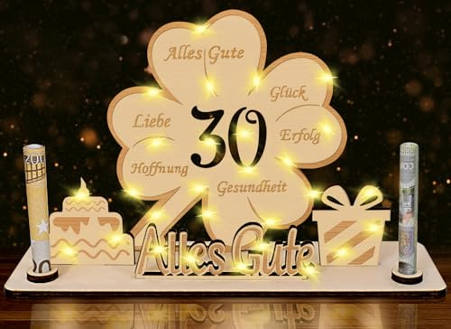 30 Geldgeschenke Geburtstag für Frau und Mann, LED Kleeblatt Glück, Personalisierbare Tischdeko, Holz Gästebuch, Verpackung