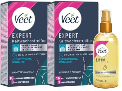 Veet EXPERT Kaltwachsstreifen für Bikini & Achseln (32 Stück) + Körperöl für die Rasur & nach der Haarentfernung (100ml)