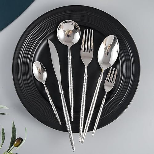 Besteckset, 6/24/36/48/60/72-teilig, glänzend gehämmert, Besteck aus Edelstahl 304, Haushaltslöffel, Rührkaffeelöffel-Set, Silber, 48-teilig für 8 Personen (Silber, 72-teilig für 12 Personen)