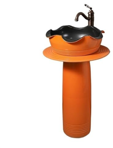 CAFIEDR Lavabo sur Colonne de Salle de Bain à Bords froncés, lavabo sur Colonne en céramique Vintage, Vasque sur Pied divisée pour évier autoportant intérieur et extérieur(Orange 004)