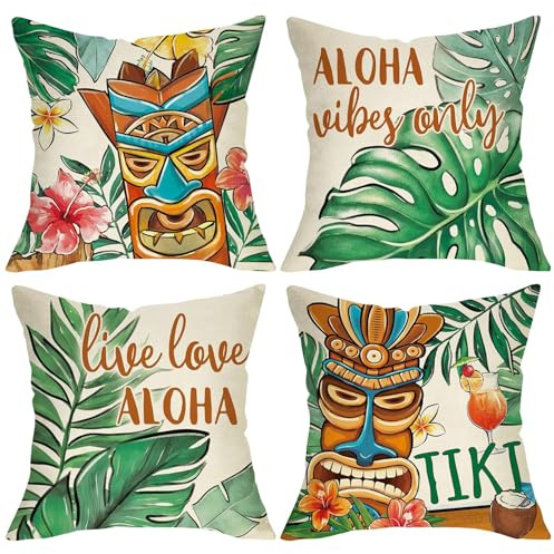 Tiki Bar Accessories - Set of 4 Decorative Tikis Bars Pillows（not included） | 45 X 45CM Tropical Beach Hut Accessorie, Vintage Grunge Hawaii Hut Island Decor,Hawaiian Style Pillow for Home Sofa Bed Patio