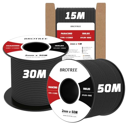 Brotree 2mm Paracord 3 Strands 15M 100% Nylon Rope Parachute Cord | 90kg Breaking Load, Type I, on Spool, used for Bracelets, Camping, Crafting, Outdoor, DIY