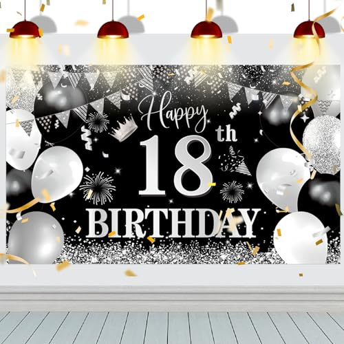 18 Geburtstag Party Dekoration,Extra Große Stoff Hintergrund 18 Party Geburtstagsdeko Frau Mann ，18.Geburtstag Banner Schwarz Silver (schwarz silber)