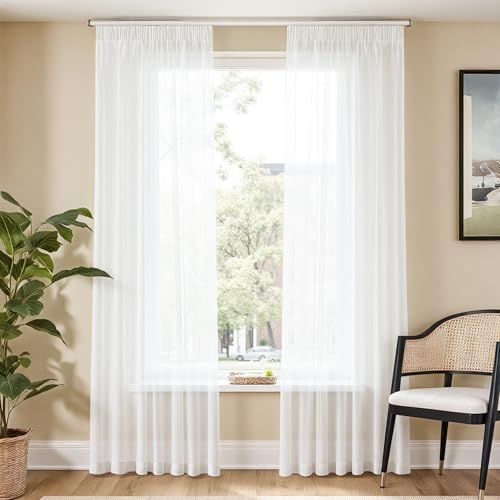 TOPICK Gardinenschals mit Kräuselband Vorhänge H225xB140 2er Set Weiß | transparent Sheer Curtains Schlafzimmer Gardinen für schienensystem Wohnzimmer Fensterdekoration Übergardinen Fenstervorhang
