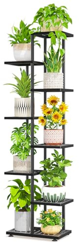 LASZOLA 7 Tier Plant Stand Indoors Outdoors for Large Heavy Duty Planter, Black Metal Tall Flower Holder Rack with Multiple Shelf for Modern Patio Corner, Vertical Organizer, Weather Resistant Bracket