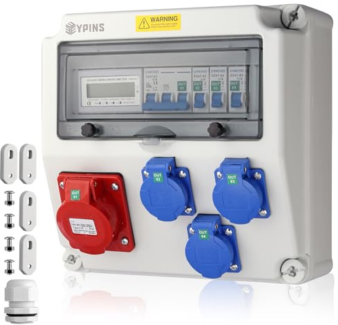 EYPINS Distribuidor de Corriente para Construcción con LS,Distribuidor de Pared 3x 230V Enchufes Schuko+Enchufe CEE 16A+Contador Eléctrico Digital, IP66 ABS Ignífugo para Interiores,Talleres y Fábrica