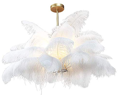 Modern Feather Chaner with E14 Light Source, Lamp Shade, Height Adjustable Ceiling Light Fixture for Dining Room, Living Room, Bedroom, Restaurant - White, 75 * 59cm