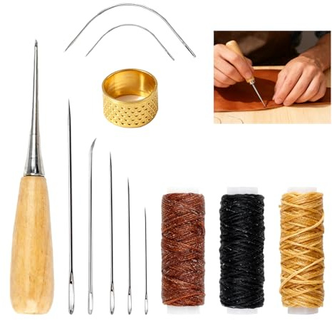 12 Pack Leather Needle and Thread, 30M Waxed Thread Kit, Leather Sewing Kit for Hand Sewing, Curved & Straight Needles, Kit with Awl, Thimble for DIY Crafts Upholstery and Fabric Sewing