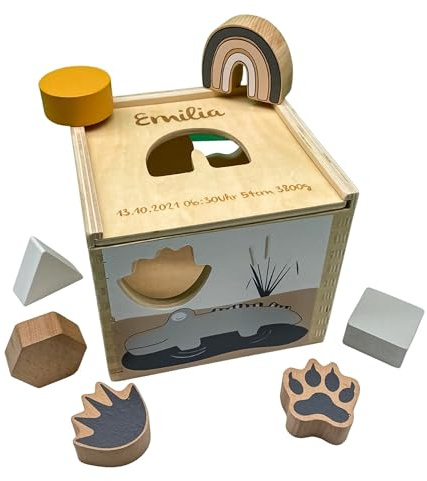 Mainely Personalisierbares Holz-Steckspiel – fördert Feinmotorik & Formenlernen – für Kinder ab 12 Monaten – mit Namen und Geburtsdatum personalisiert – Tryco