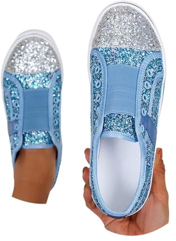 Zapatillas de lona brillantes para mujer, brillantes, informales, con lentejuelas, para conciertos, otoño, baja, cordones, cómodas, acolchadas, para caminar, azul claro, 42 EU