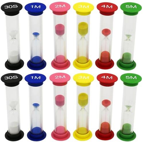 12 Stück Sanduhren Set, Farbige Sanduhr, Kleine Timer Sanduhren Set Mit Verschiedenen Laufzeiten (30 Sekunden + 1+2+3+4+5 Minuten), Ideal Für Zähneputzen, Unterricht, Zeitmanagement Und Dekoration