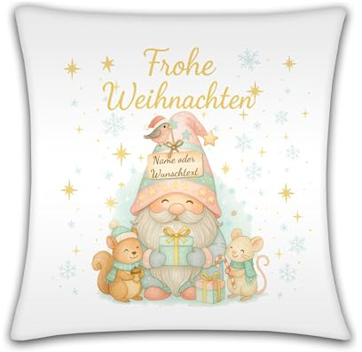 Maus-Design Weihnachtskissen personalisiert mit Wichtel und Name – Frohe Weihnachten Deko Kissen – Geschenk für Freundin Oma Kollegin Familie – Wichtelgeschenk (Wichtel Rosa)