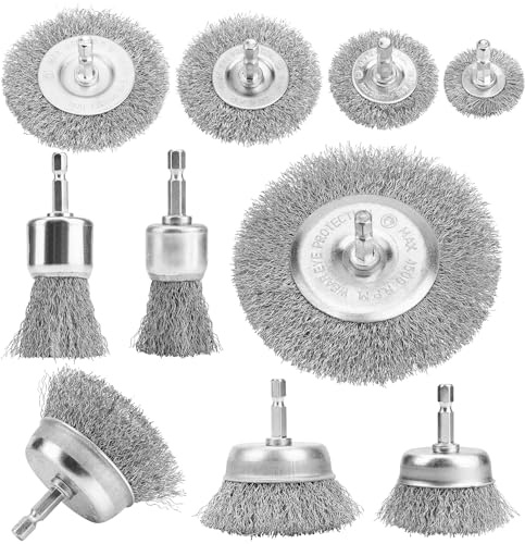 Junchamp Lot de 10 pièces avec brosses circulaires, boisseau et pinceau pour dérouiller, décaper et nettoyer les surfaces métalliques