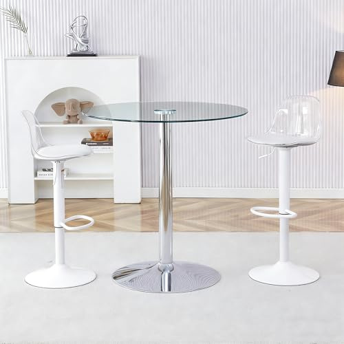 Set de Bar Con Vidrio y Metal,Mesa Redonda de Cristal Transparente y 2 Taburetes Regulables y Giratorios 360°,Mesa Alta y Asientos,Adecuado para Cocina Bar Oficina,Blanco Plata Transparente,Set de 3