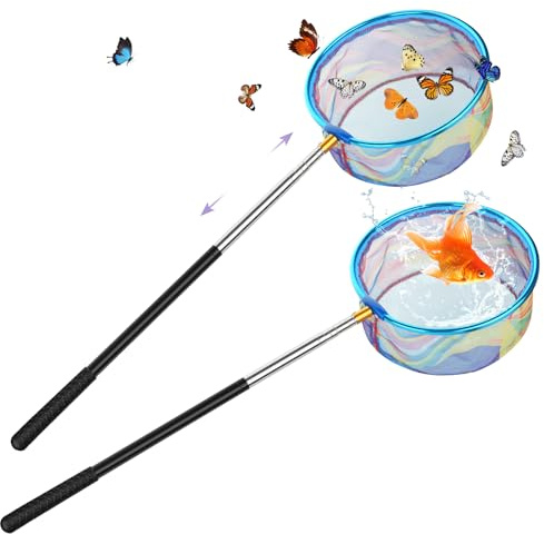 2 Pièces Épuisette Télescopique, Filet Papillon Epuisette Peche Extensible de 66CM à 173CM Filet Peche pour Capture de Poissons, Insectes, Papillon, l'étang, Piscine, Jardin, Plage