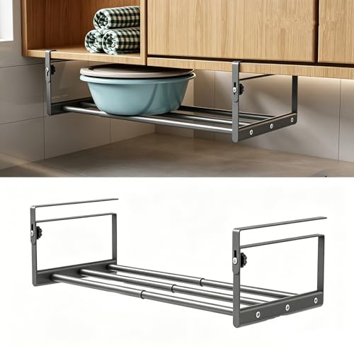 ETOFIXEE Estante Inferior Ajustable, Estante Inferior de Metal con Canasta Colgante 50-82cm, Organizador para Armario de Cocina Extensible, Bandeja Inferior Extensible para Cocina, Armario, Zapateros