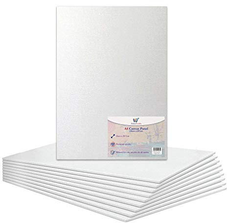 Pannello in tela A4 allungato bianco su tela per artisti, 100% cotone, per pittura ad olio, pittura acrilica, tecnica mista, tela bianca senza acidi, formato A4, 210 x 297 mm, 10 tavole)