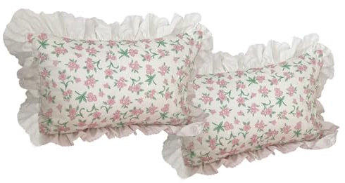 Ruffle Pillowcases Pink Flower Bedding Pillow Shams (Pack of 2)-100% Cotton Standard Queen Pillow Covers with Envelope Closure End,20×26(Queen,Lace Pink)