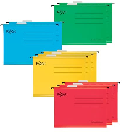 Rexel Classic A4 Reinforced Suspension Files for Filing Cabinets, 15 mm V base, 100 Percent Recycled Card, Assorted Colours, Pack of 10, 2115585