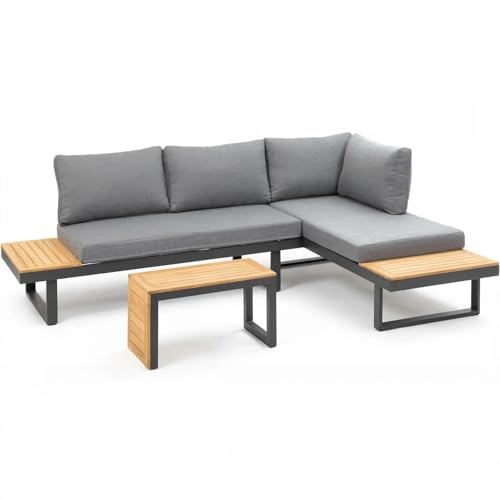 greemotion Lounge-Set Samara, Gartenmöbel-Set aus Aluminium, inklusive Kissen, Anthrazit / Holzfarben / Grau, Mittel