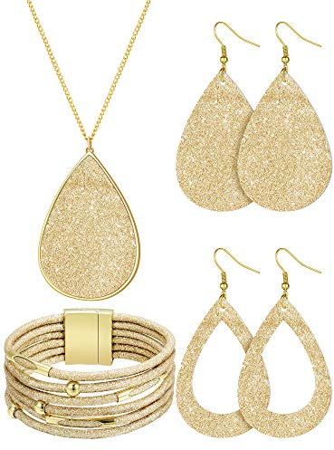 Hicarer 4 Pcs Jewelry Sets for Women Glitter Necklace and Earring Set Multi Layer Bracelet Costume Jewelry Sets for Bridal Shower Wedding(Gold)