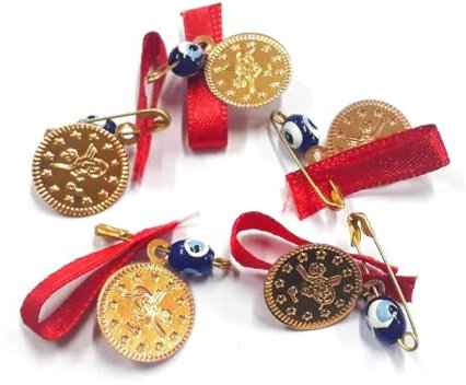 Perlin Nazar Boncuk 100 Stk Glücksbringer Evil Eye Anhänger Set Dekoband Gastgeschenke Hochzeit Taufe Baby Shower mit Sicherheitsnadel Münze Tugra Rot Band Blau Auge