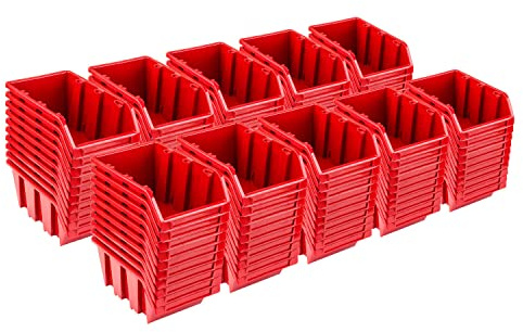 Set med staplingsbara lådor – 100 x stapelbara lådor 70 x 100 x 155 mm – genomskinlig låda, stapellåda, förvaringslåda, röd