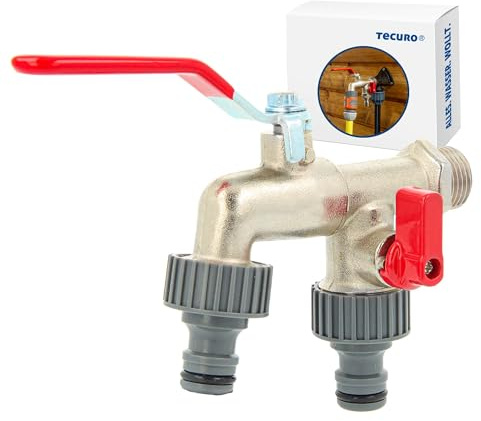 tecuro - Garten Wasserhahn - Doppel Auslaufhahn - Kugelauslaufventil, Wandanschluss 1/2 Zoll mit Sechskant, mit 2 Abgängen 3/4 Zoll bzw. Stecksystemanschluss, Messing, matt verchromt