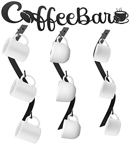 Peryiter Support mural pour tasse à café avec étagère de bar incurvée en métal avec 9 crochets pour cuisine, bar, bureau, station d'angle, décoration