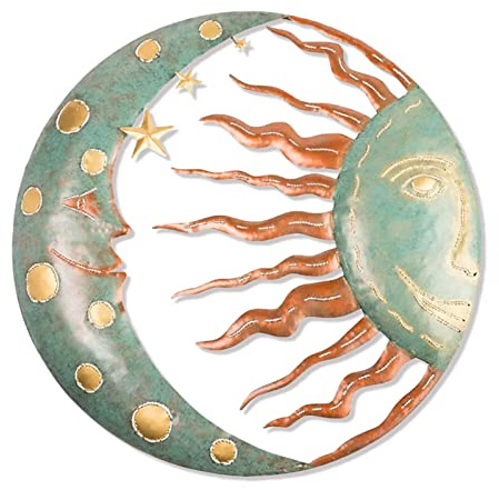 Tuzsocr Sun and Moon Wall Art Metal Wall Decoration, Outdoor Celestial Wall Art Sculpture, Rustic Vintage Metal Moon Star Wall Sign, for Home Living Room Bedroom (Green Moon)