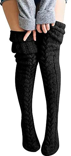 FGFD&OU Calze da Donna Sopra il Ginocchio Calzini Termici Invernali Extra Lunghi Calze Natalizie Calzettoni a Maglia Calze di Coscia Retro Scaldamuscoli per Lady e Ragazze (Nero)