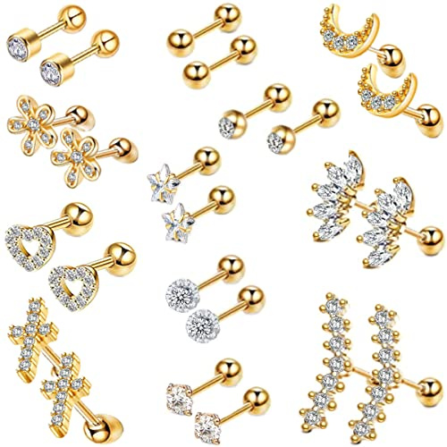 12 Paar Hypoallergenes Ohrstecker-Set Mond Gold Silber Ohr Piercing für Damen Edelstahl Piercing Ohr Set OhrringePiercings Ohr Knorpel Ohrringe Edelstahl Ohrstecker für Frauen Piercing Schmuck