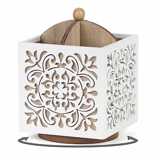WPAJIRZO Portaposate Girevole Bianco Vintage in Legno - Organizer per Posate Con 4 Scomparti per Cucchiaio, Forchetta, Coltello - Organizer da Tavolo