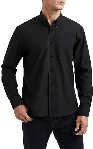 HISDERN Chemise à Manches Longues Oxford Noir pour Homme Décontractée Coton Chemises Hommes Couleur Unie Business Casual Bouton Shirts avec Poche 4XL