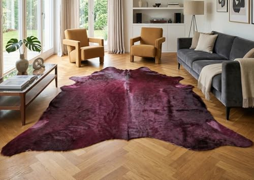 Kuhfelle Online & Nomad Kuhfell Teppich Echtfell in Violett/Aubergine – Exklusives Rinderfell ca. 220 x 180 cm hochwertiger Designer-Teppich für modernes Wohnen