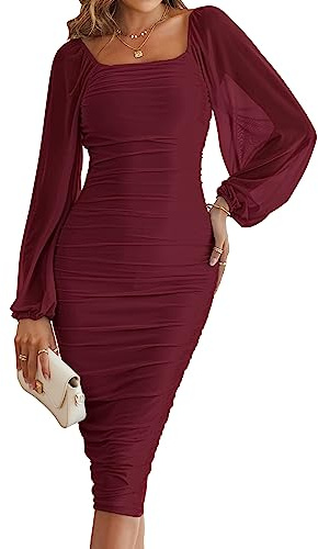 MEROKEETY Robe Moulante froncée à Manches Longues Bouffantes et col carré en Maille pour Femme, Rouge Bordeaux/Blanc, Taille S