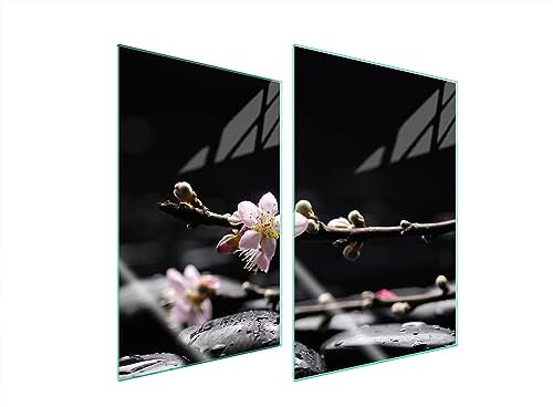TMK ArtDeko Herdabdeckplatten 2 Teilig 2x35x52 cm Ceranfeldabdeckung Küche Induktion Herdschutz Spritzschutz Glasplatte Schneidebrett, Blumen