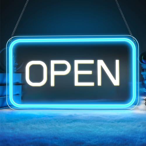 ROLANCHE Open Signs for Business Window, 16x 9 Neon Open Sign, Bright COB Chip LED Open Sign with ON/OFF Switch & USB Plug, Ice Blue & White Open Light Up Sign for Wall, Shop, Hotel, Horizontal
