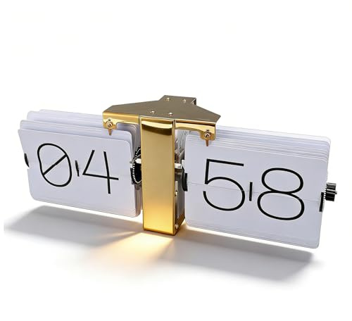 Zunate Retro Flip Desk Shelf Clock, Flipping Out Wall and Tabletop Flip Clock, 24Hour Modern Retro Flip Down, Classic Mechanical Digital Display Battery Powered for (Gold Frame